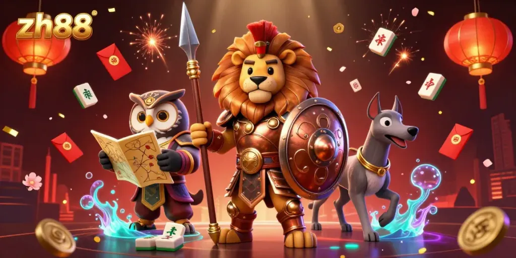 Engage with the thrilling zh88 gaming experience featuring a Spartan lion, strategic owl, and swift greyhound amidst vibrant casino elements.