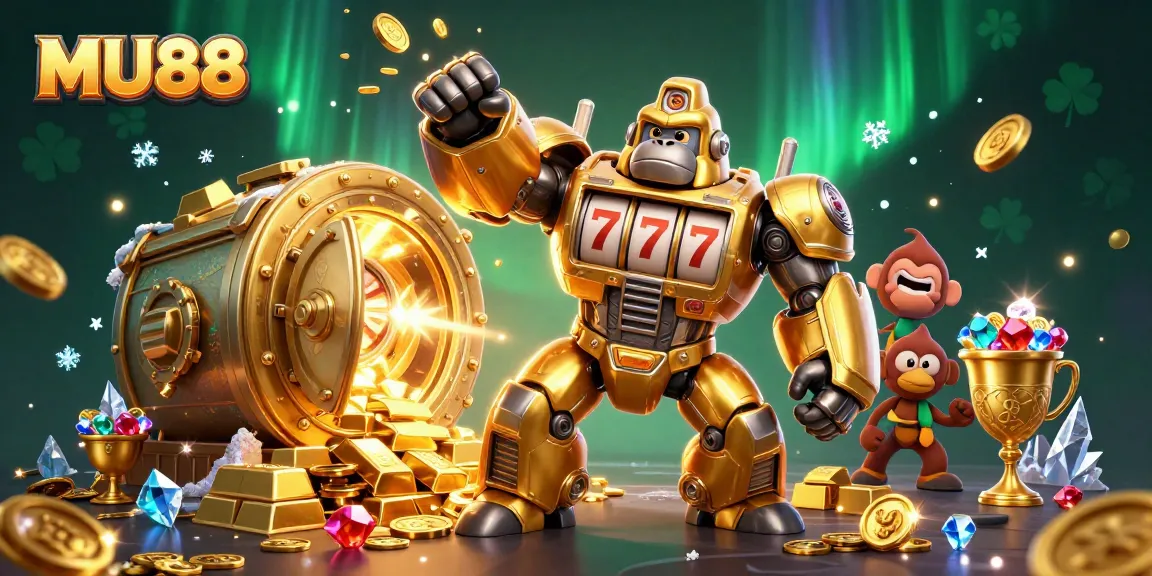Experience the thrilling MU88 casino with a golden mech and exploding coins, celebrating big wins.