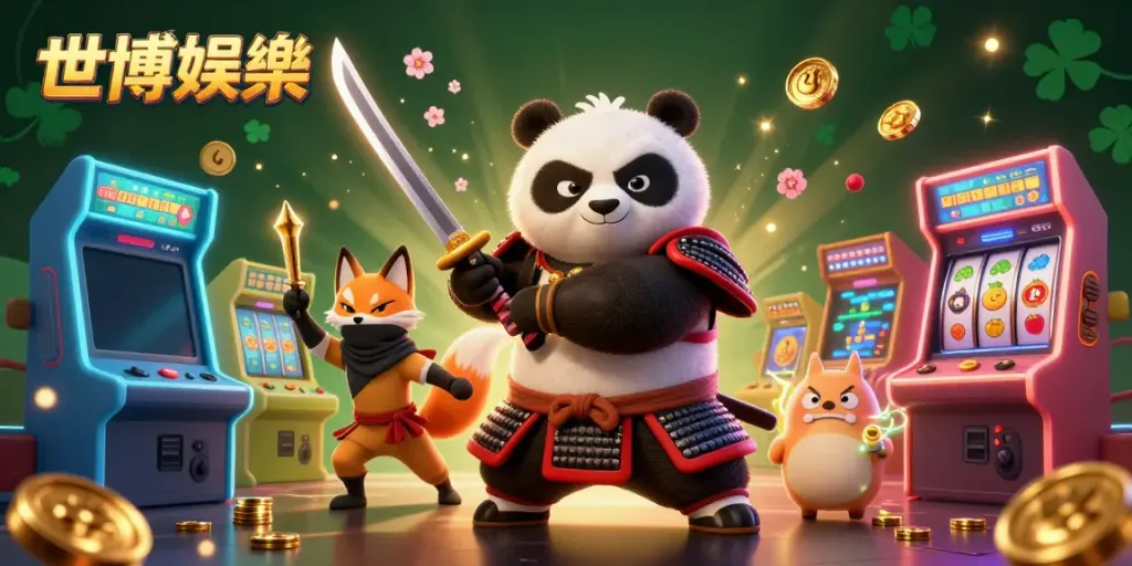 在充满金色光辉的环境中，世博娱乐的卡通角色正进行精彩的游戏表演。