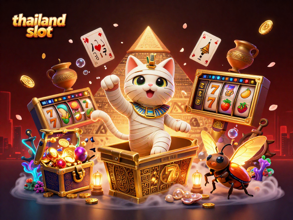 Win big at thailand slot with the cartoon mummy cat and scarab beetle in a dynamic casino scene.