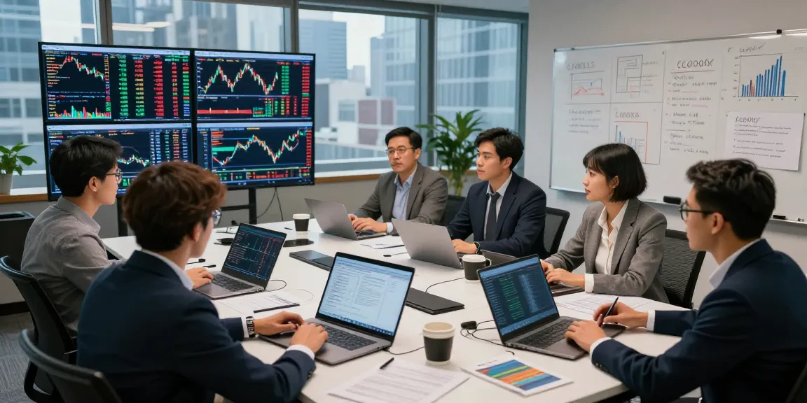 同花顺分析平台的金融市场分析团队在会议室里讨论市场趋势和股票数据。