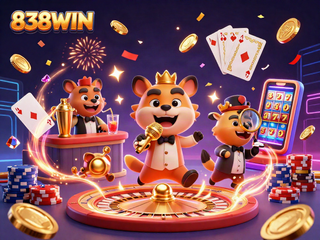 Join the fun with 838WIN at a lively casino featuring hyenas in action with games and comedy.