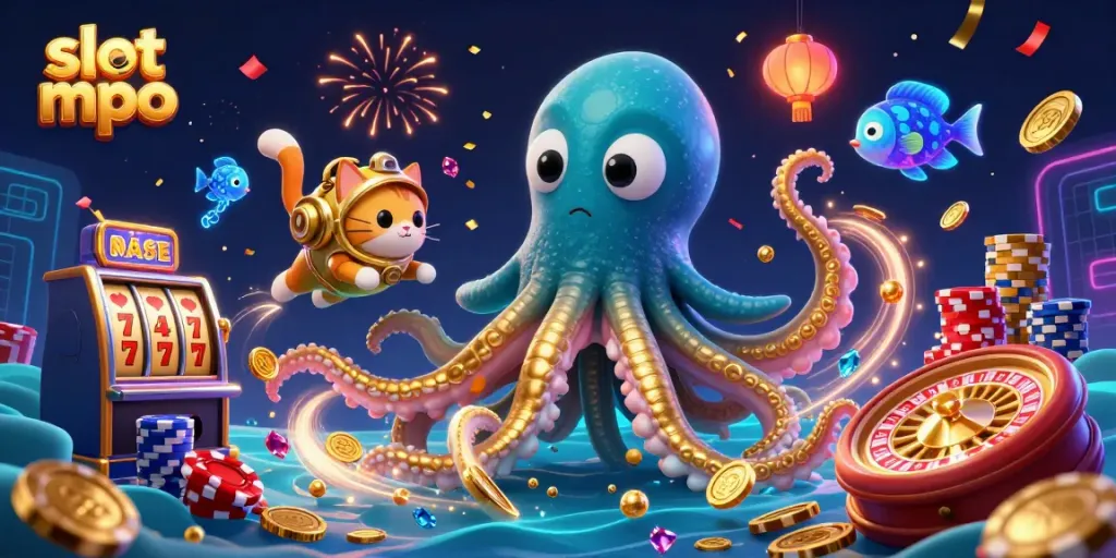 Experience exhilarating gameplay with slot mpo, featuring a massive golden kraken and a vintage diving cat.