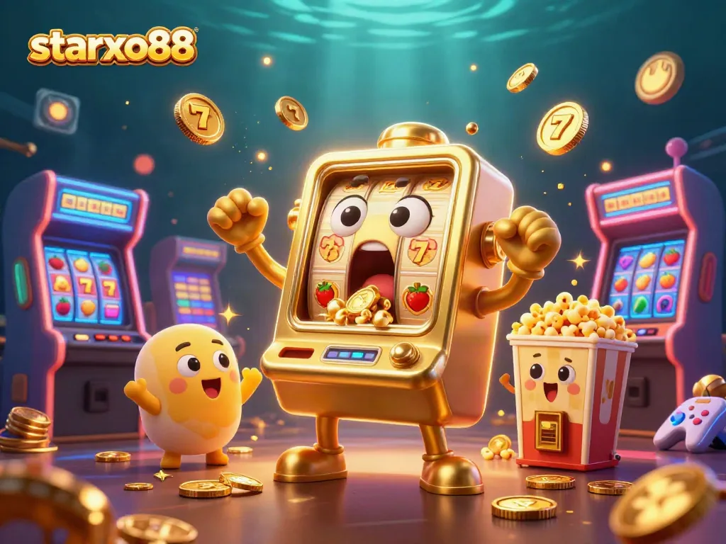 Spin the reels of starxo88 with a vibrant 3D illustration showcasing a golden slot machine hitting the jackpot.