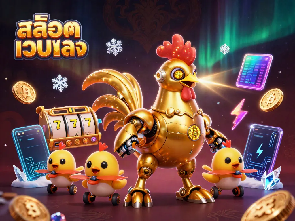 Experience the thrill of สล็อตเว็บตรง gaming with a dynamic 3D illustration featuring a golden rooster robot and crypto elements.