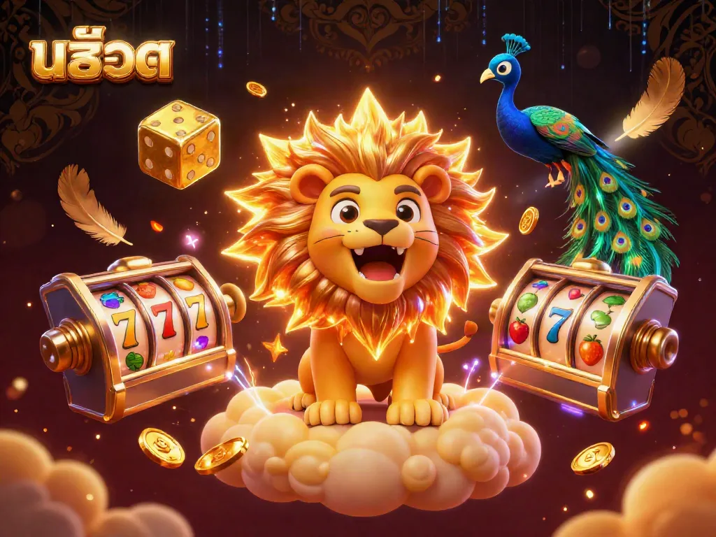 เล่นเกมสล็อตโดยมีสิงโตพลังแสงซันรอว์มในพื้นหลังพร้อมกับเหรียญทองและสัญลักษณ์ฟรุ๊ต