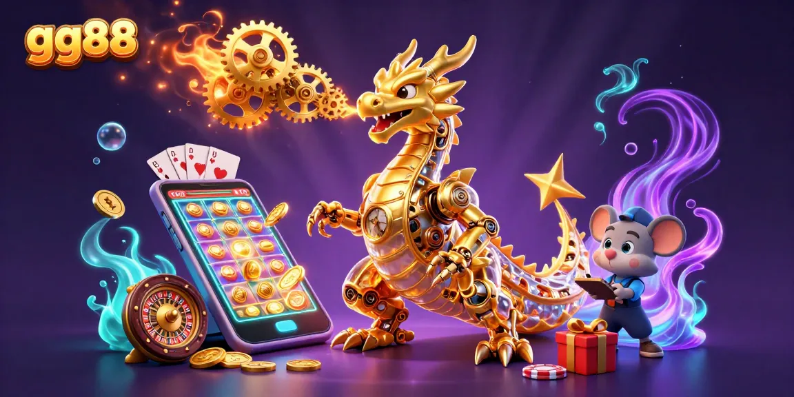 Engage with the exciting gg88 online casino experience featuring a dragon, slot games, and glowing underwater elements.