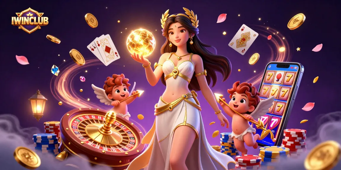 IWINCLUB promotes an exciting atmosphere with a glowing goddess, Cupid cherubs, and dynamic casino elements.