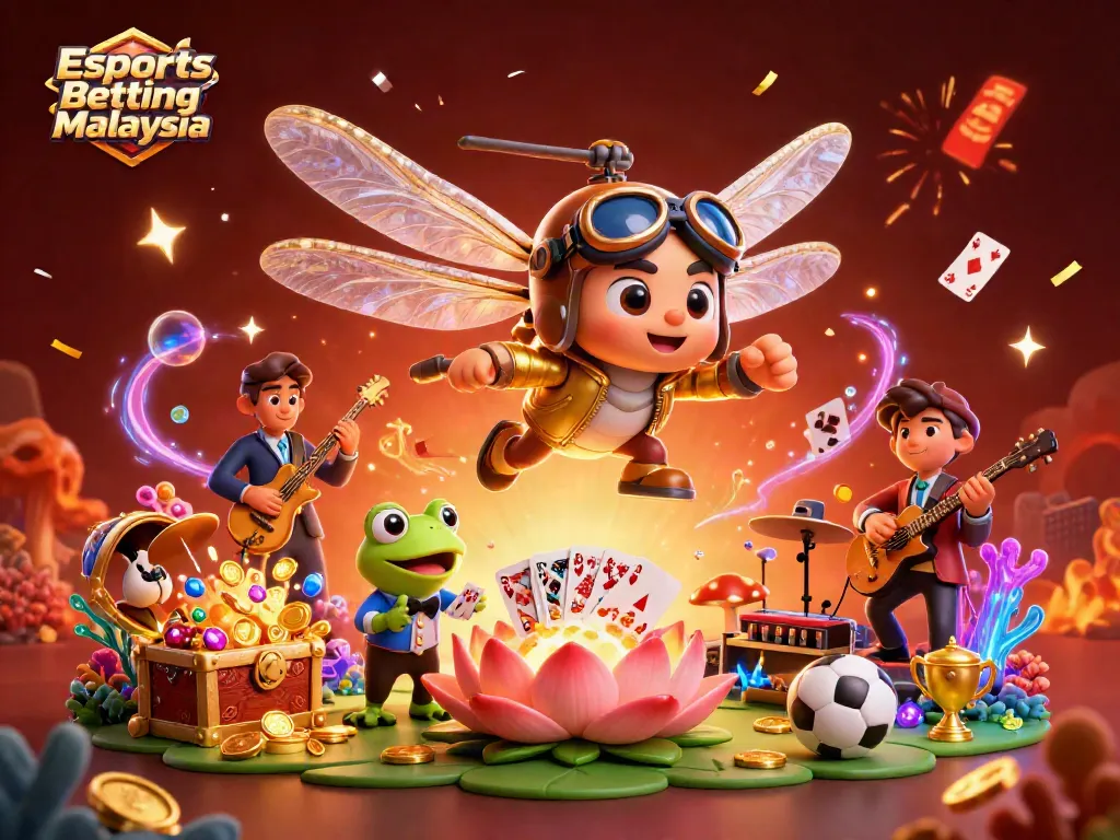 Engage in Esports Betting Malaysia with vibrant 3D scene showcasing dragonfly pilot and frog dealer.
