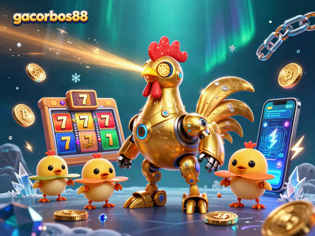 Engage with gacorbos88 slot gaming excitement featuring a golden rooster robot and vibrant crypto elements.