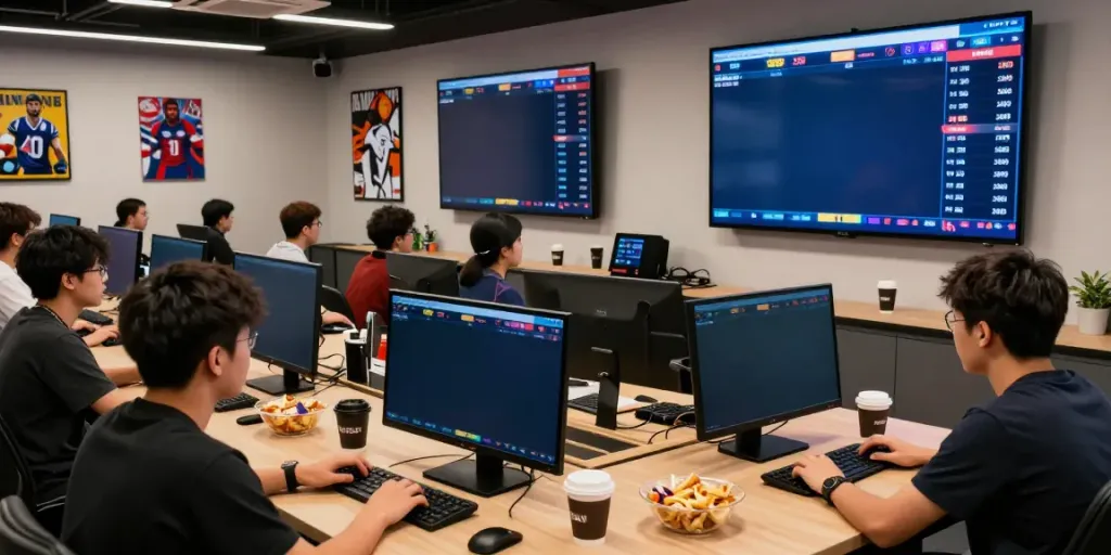 View of an energetic sports betting room with players reviewing full details on this page of live events.