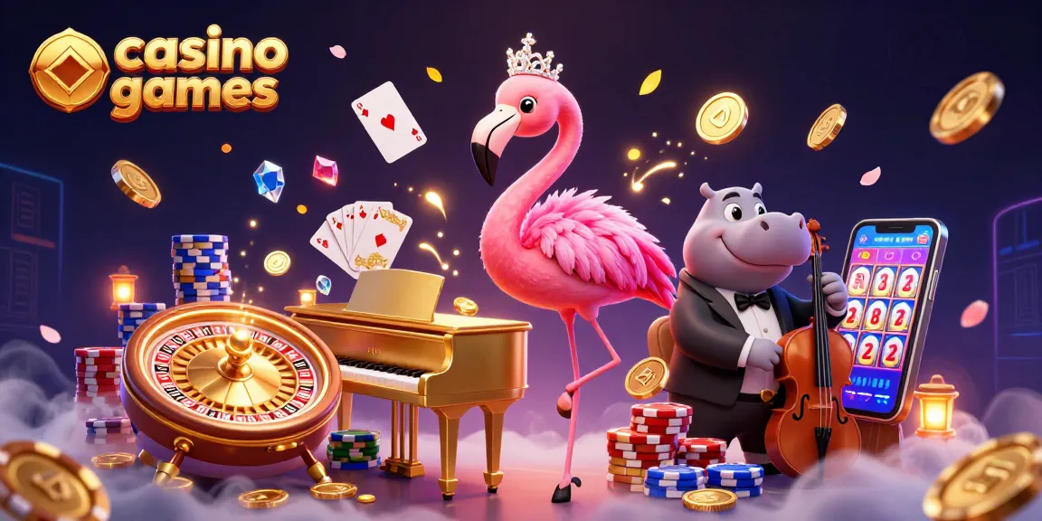 Engaging illustration depicting casino games with animated flamingo and hippo amid coins and cards.