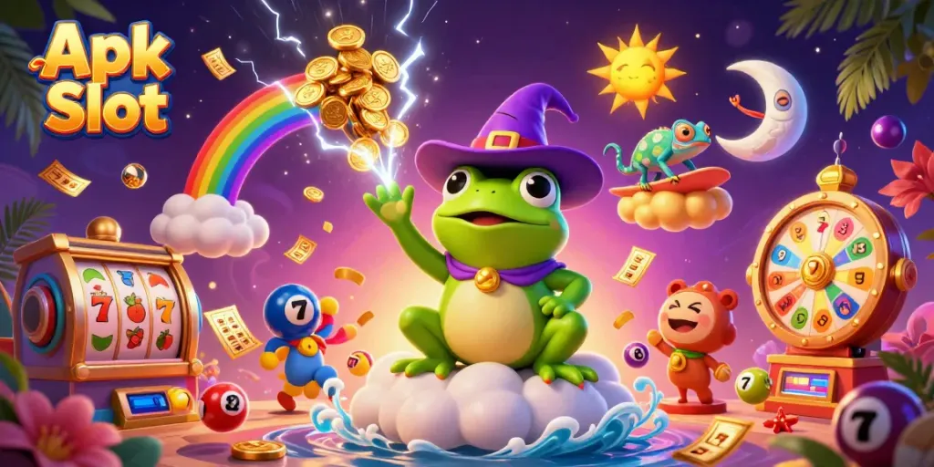 Menangkan Apk Slot dengan mesin slot, simbol keberuntungan, dan petunjuk berwarna-warni.