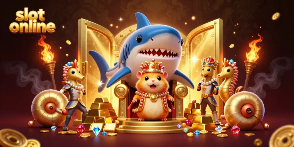 Experience thrilling slot online action with a fierce hamster king on a megalodon throne surrounded by treasures.