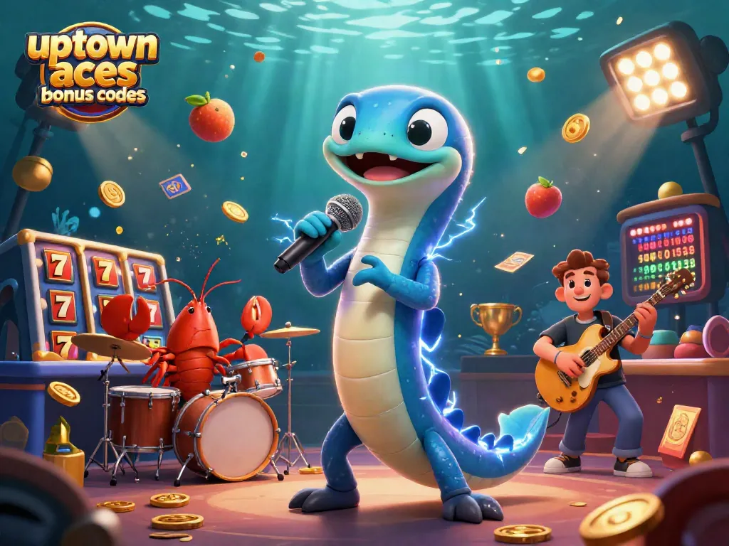 Dynamic scene showcasing uptown aces bonus codes with an electric eel DJ, lobster drummer, and casino elements.
