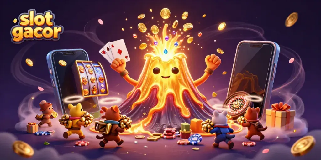 Experience the excitement of slot gacor with a golden volcano erupting coins and gems.