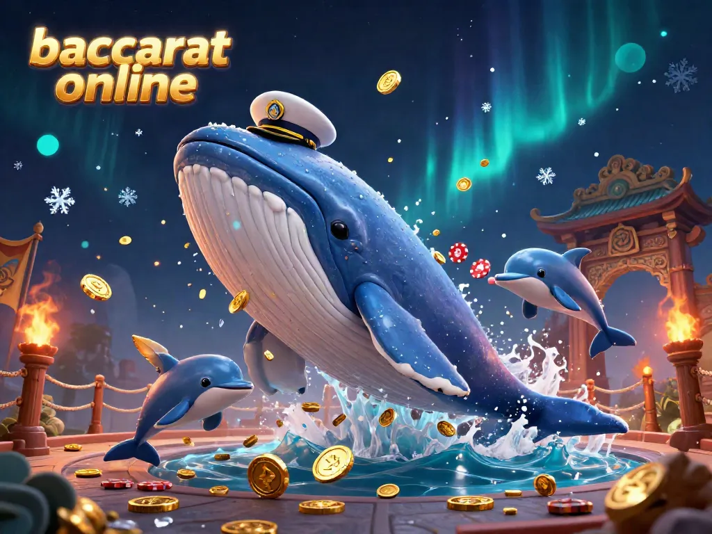 Engage in baccarat online with a vivid scene featuring playful dolphins and a whale amidst glowing treasures.