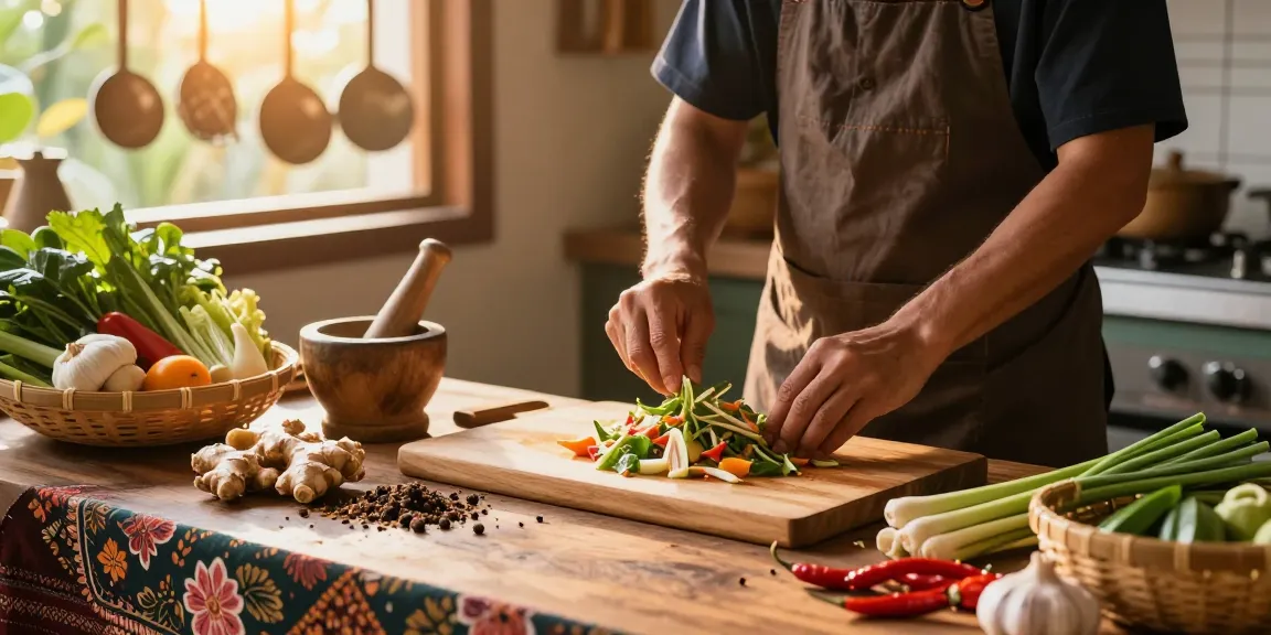 Delicious Thai herbal cooking scene featuring ginger and lemongrass in a vibrant kitchen.