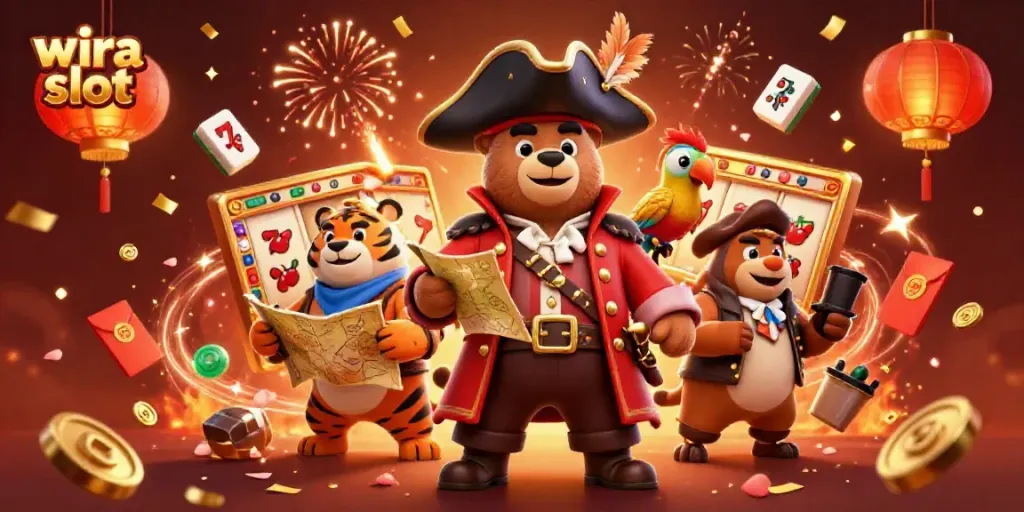 Experience thrilling wira slot action with a pirate bear, tiger, and vibrant symbols in an engaging scene.