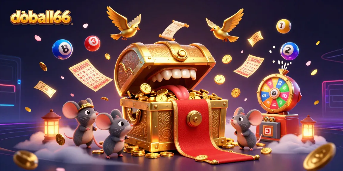 Experience excitement with doball66; vibrant illustration featuring lottery balls, treasure chest, and gaming elements.