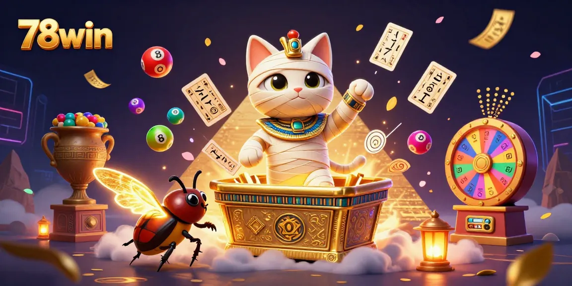 Experience 78win excitement with an Egyptian mummy cat, lottery balls, and bingo in a vibrant casino