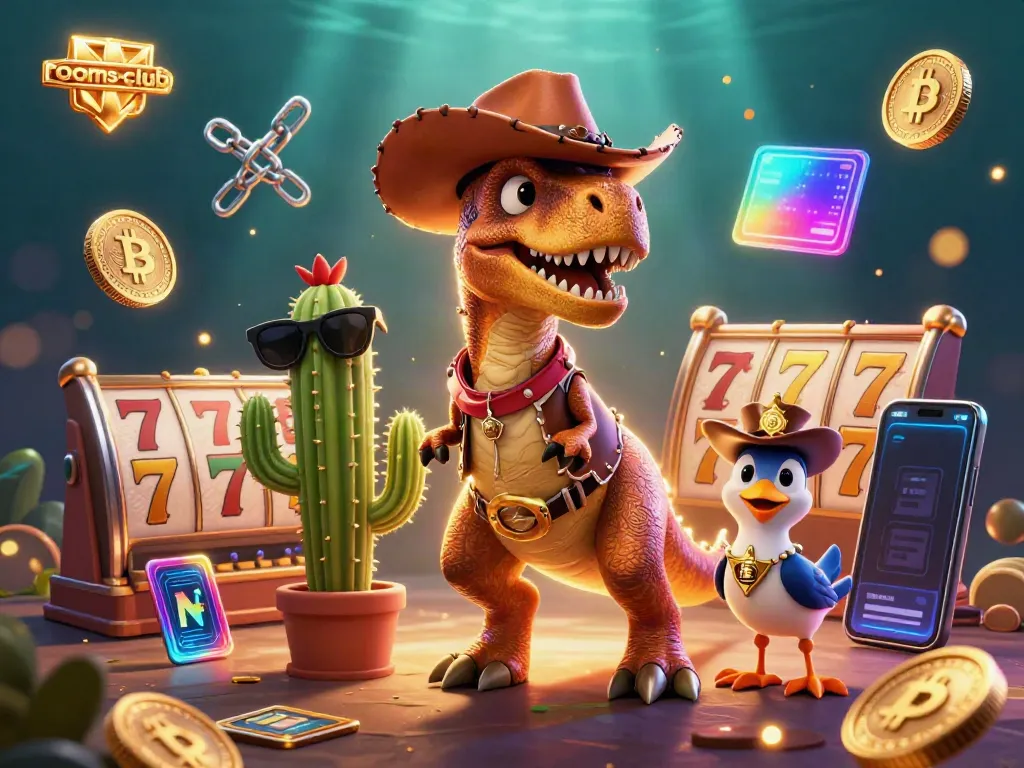 Mainkan permainan slot online dengan rooms-club, dinosaur cowboy dan teman dalam ilustrasi menarik.