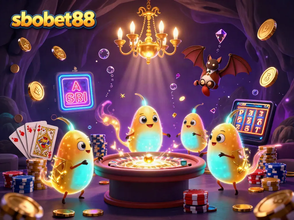 Engage in sbobet88's vibrant casino atmosphere featuring animated glowworms and thrilling game elements.
