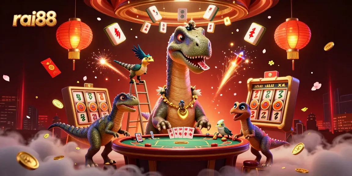 Experience the vibrant world of rai88 as a colossal brontosaurus oversees players at an exciting poker table.