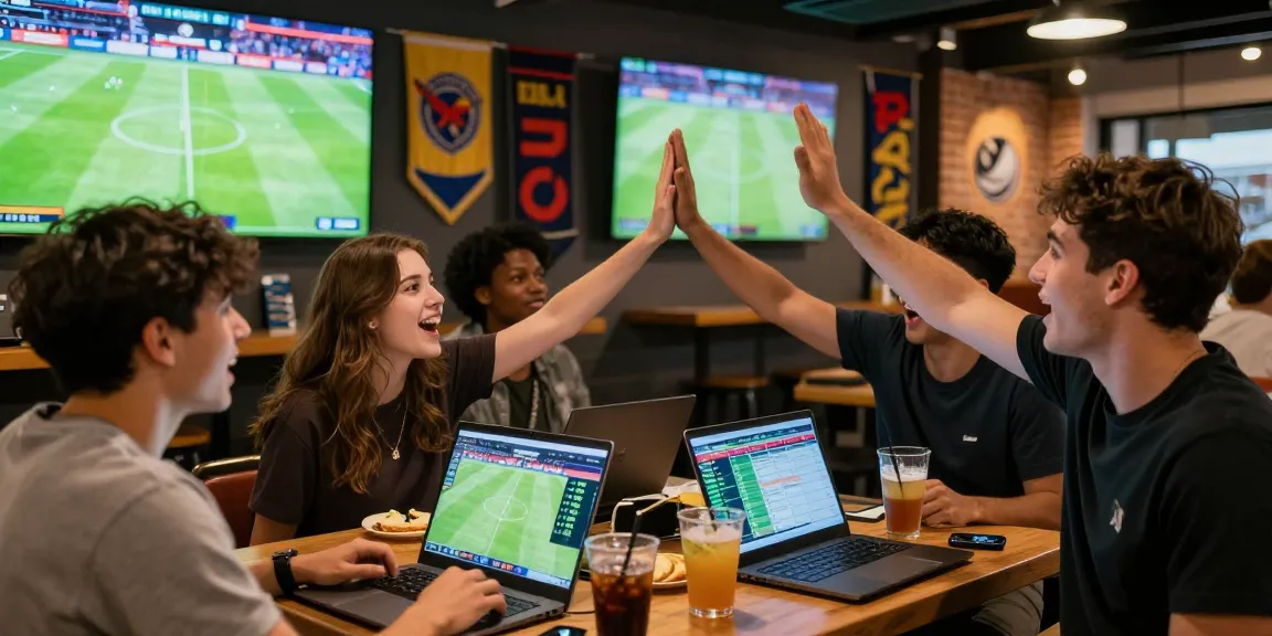 Exciting sports betting atmosphere at RED88 with friends celebrating, live match, and vibrant lounge setting.
