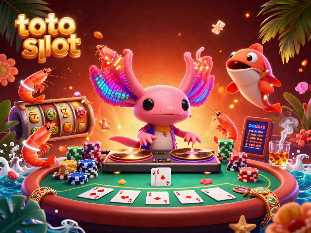 Engage in the thrilling atmosphere of the toto slot game with vibrant axolotl DJ and lively underwater characters.
