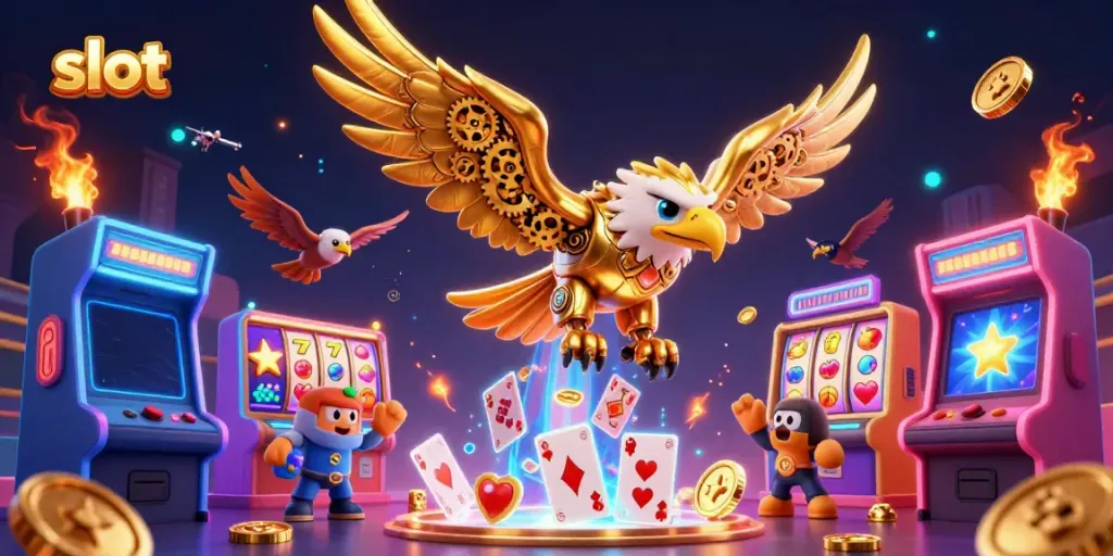 Permainan slot dengan simbol keberuntungan yang bersinar dan kartu holografik, menampilkan karakter elang robotik.