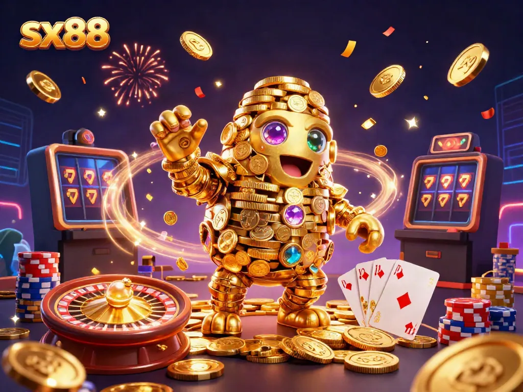 Spin to win with the sx88 golden golem surrounded by exciting casino elements for an exhilarating gaming experience.