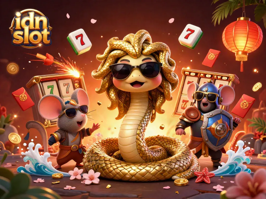 Spin the idn slot reels with Medusa and a warrior mouse in a vibrant casino scene.