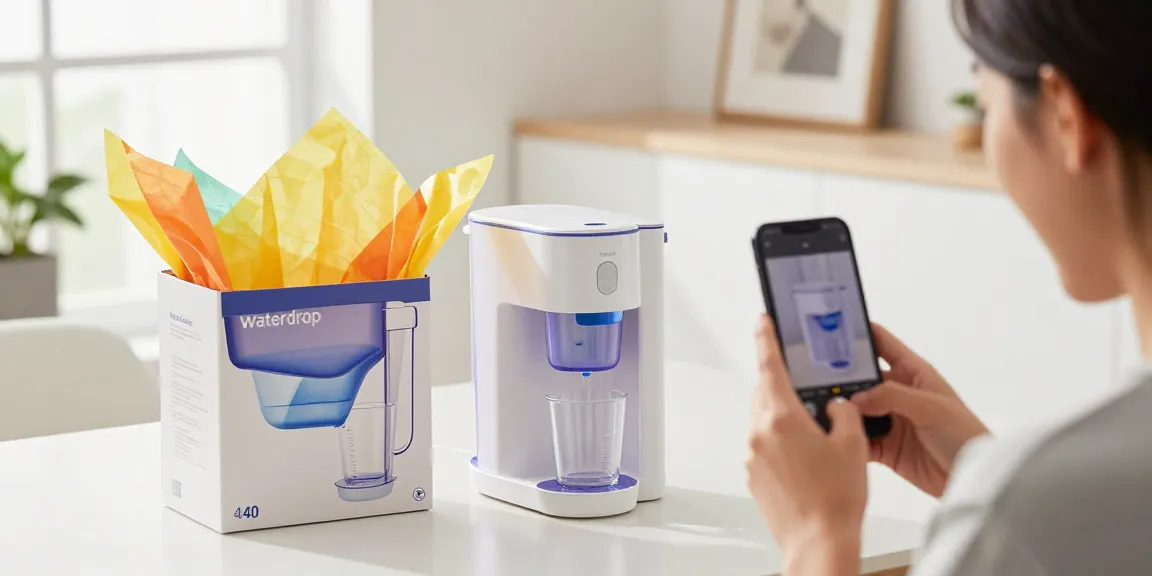 Waterdrop 40 Cup Dual Filter Dispenser in an unboxing scene showcasing online shopping excitement and product quality for e-commerce buyers.