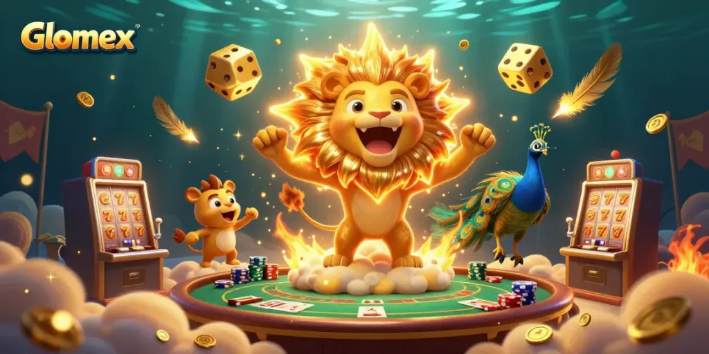 Engage with Glomex's vibrant casino-themed illustration showcasing thrilling poker dynamics.