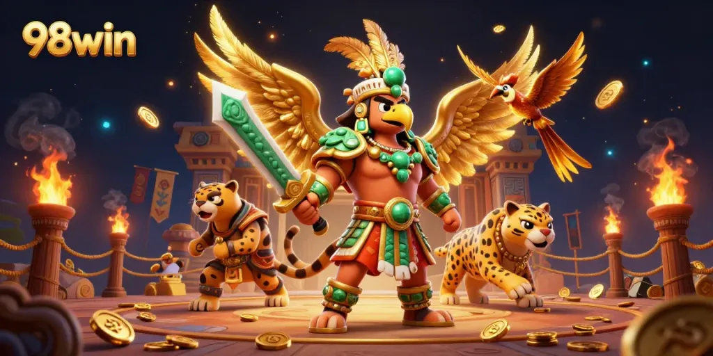 Experience thrilling gaming action with 98win's vibrant casino illustration showcasing dynamic characters and exciting elements.