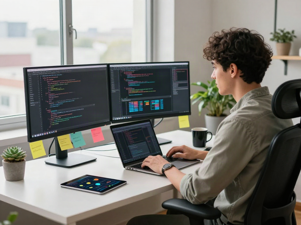 Developer coding at ALO8APP.WIN workspace with monitors and coffee.