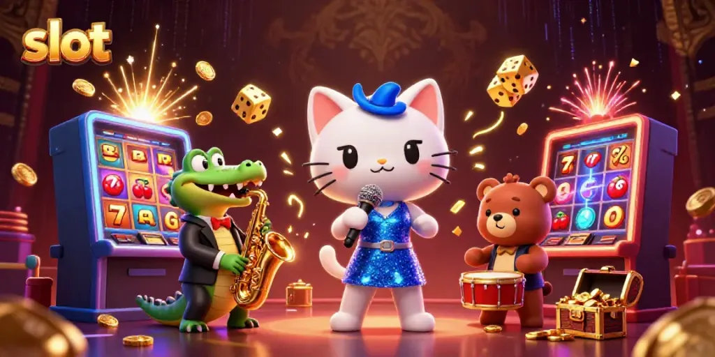 Enjoy a thrilling slot experience with vibrant characters and exciting visuals in a casino setting.