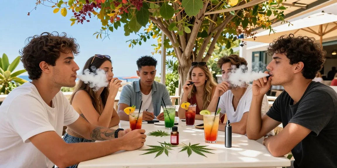 Is vaping legal in Cyprus? Enjoying a social gathering with a vape device and CBD oil in a vibrant outdoor setting.