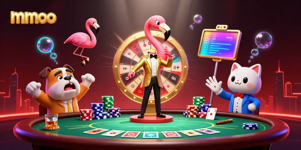 Engage in exciting mmoo gaming with a vibrant casino atmosphere featuring animated characters.
