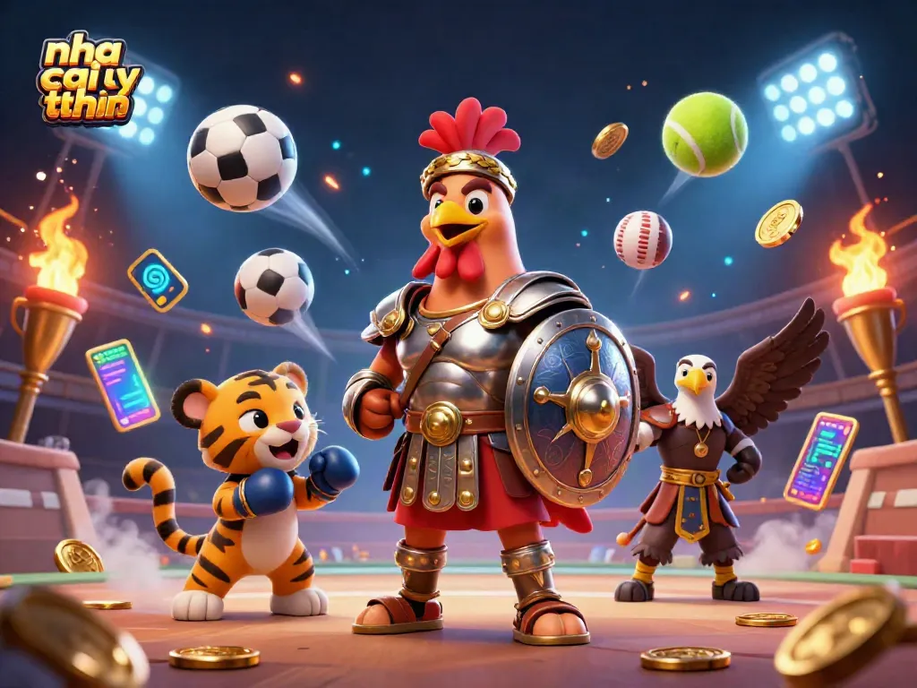 Experience the thrill of nha cai uy tin with a dynamic 3D illustration featuring a rooster gladiator and tiger cub.