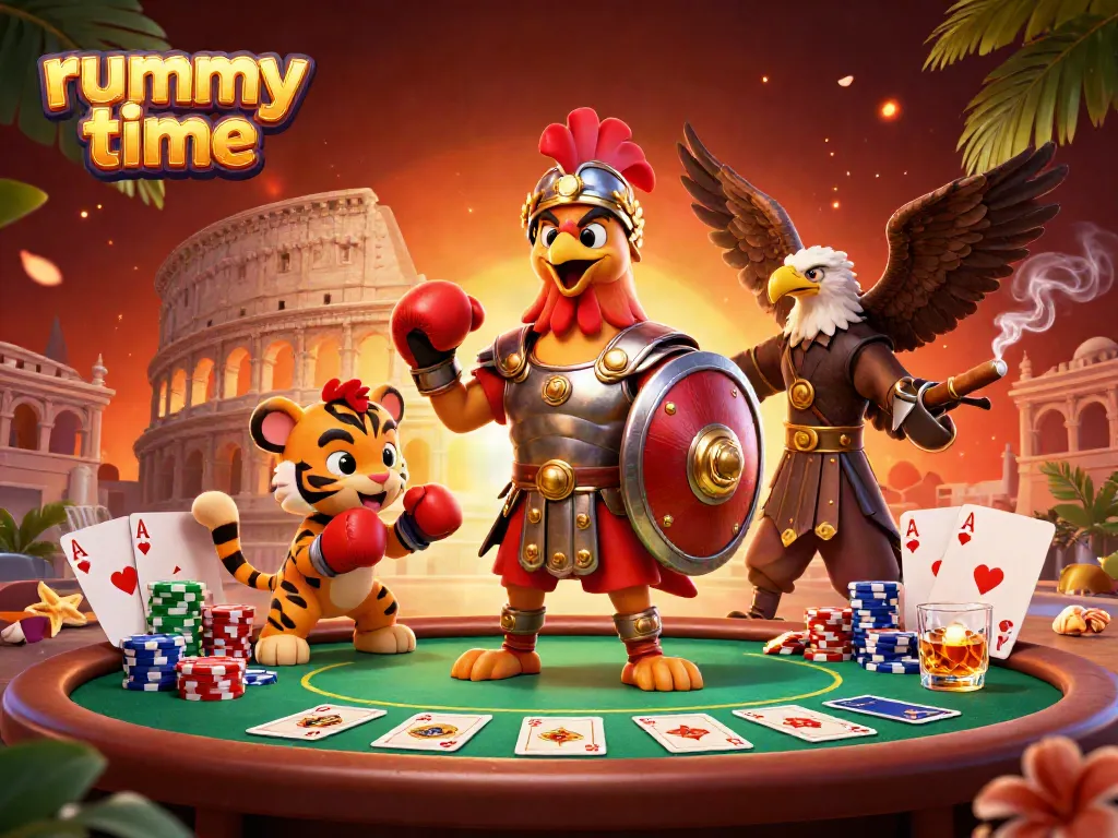 Engage in action-packed rummy time gameplay featuring colorful poker elements and a dynamic scene with characters.