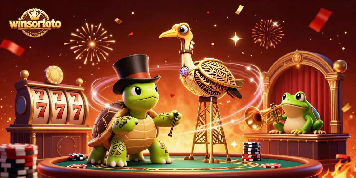 Experience winsortoto with vibrant casino action featuring a 3D crane, turtle, and trumpet frog.