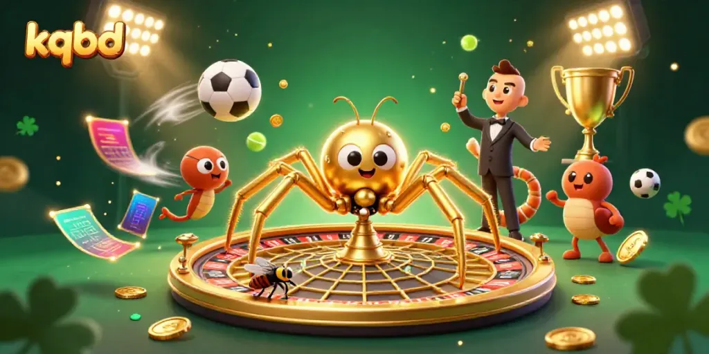 Experience the thrilling action of kqbd as a cartoon spider spins a roulette wheel with sports balls flying around.