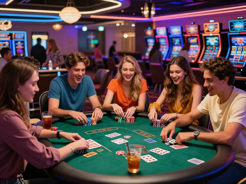 A lively gambling scene where friends enjoy akunjp gaming at a vibrant casino.
