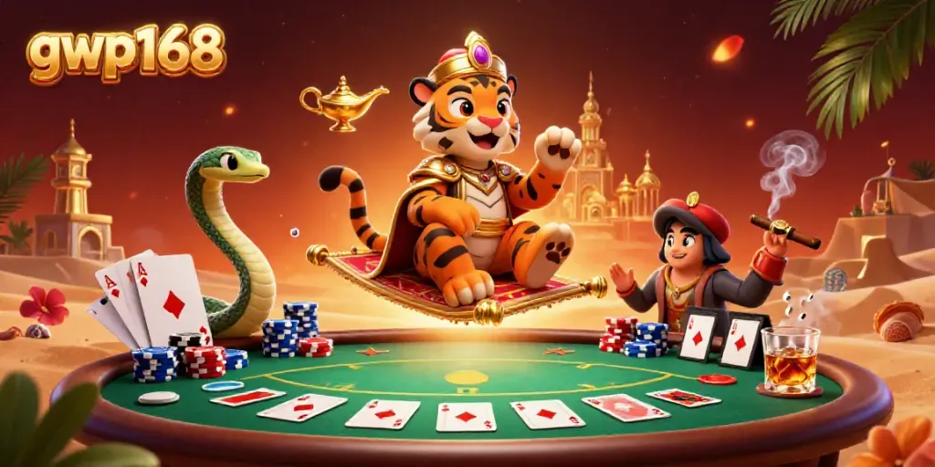 Bermain slot jackpot gacor di situs gwp168 dengan karakter sultan dan genie di latar gurun.