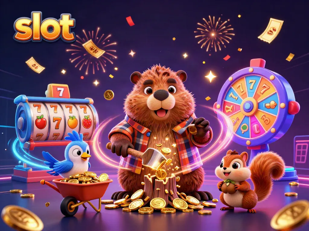Experience the thrill of slot games with a 3D cartoon beaver and friends collecting golden coins.