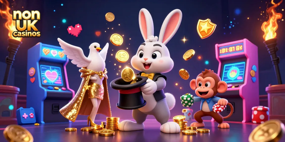 Explore non UK casinos with the magician rabbit and friends enjoying casino games and riches.
