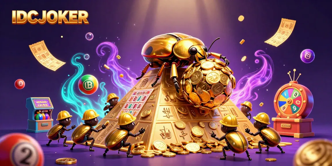 IDCJOKER showcases a golden dung beetle rolling coins, embodying the excitement of online slots.