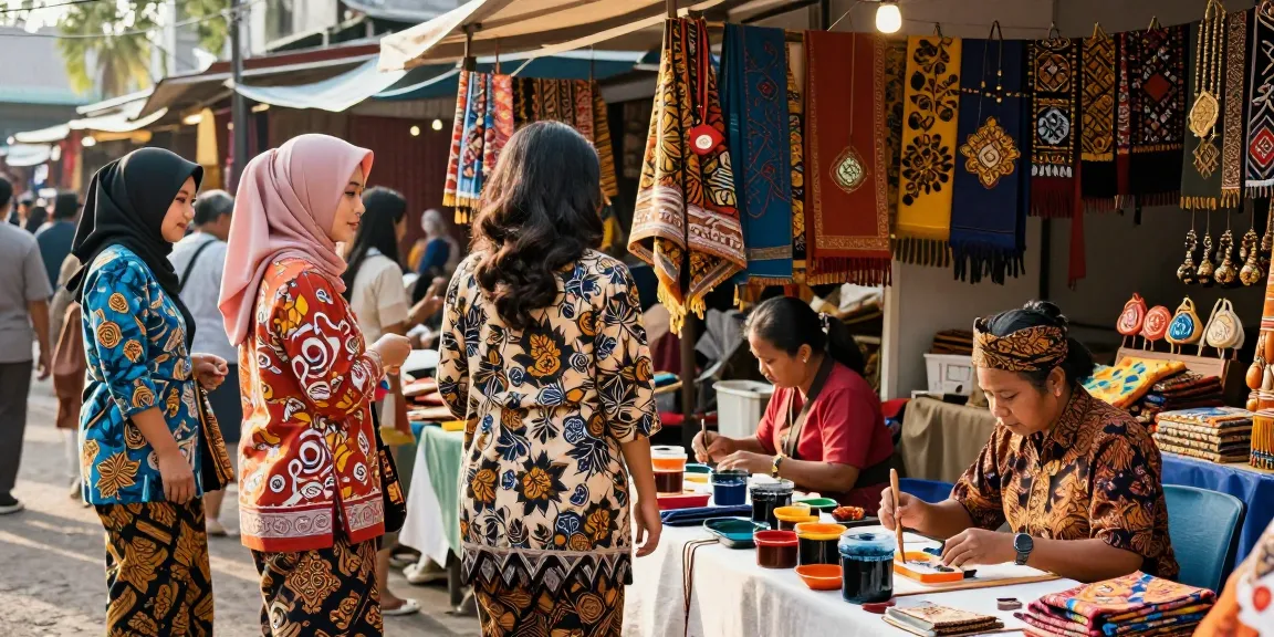 Gaya fashion batik 88 dengan model menampilkan pakaian berwarna cerah di pasar yang hidup.
